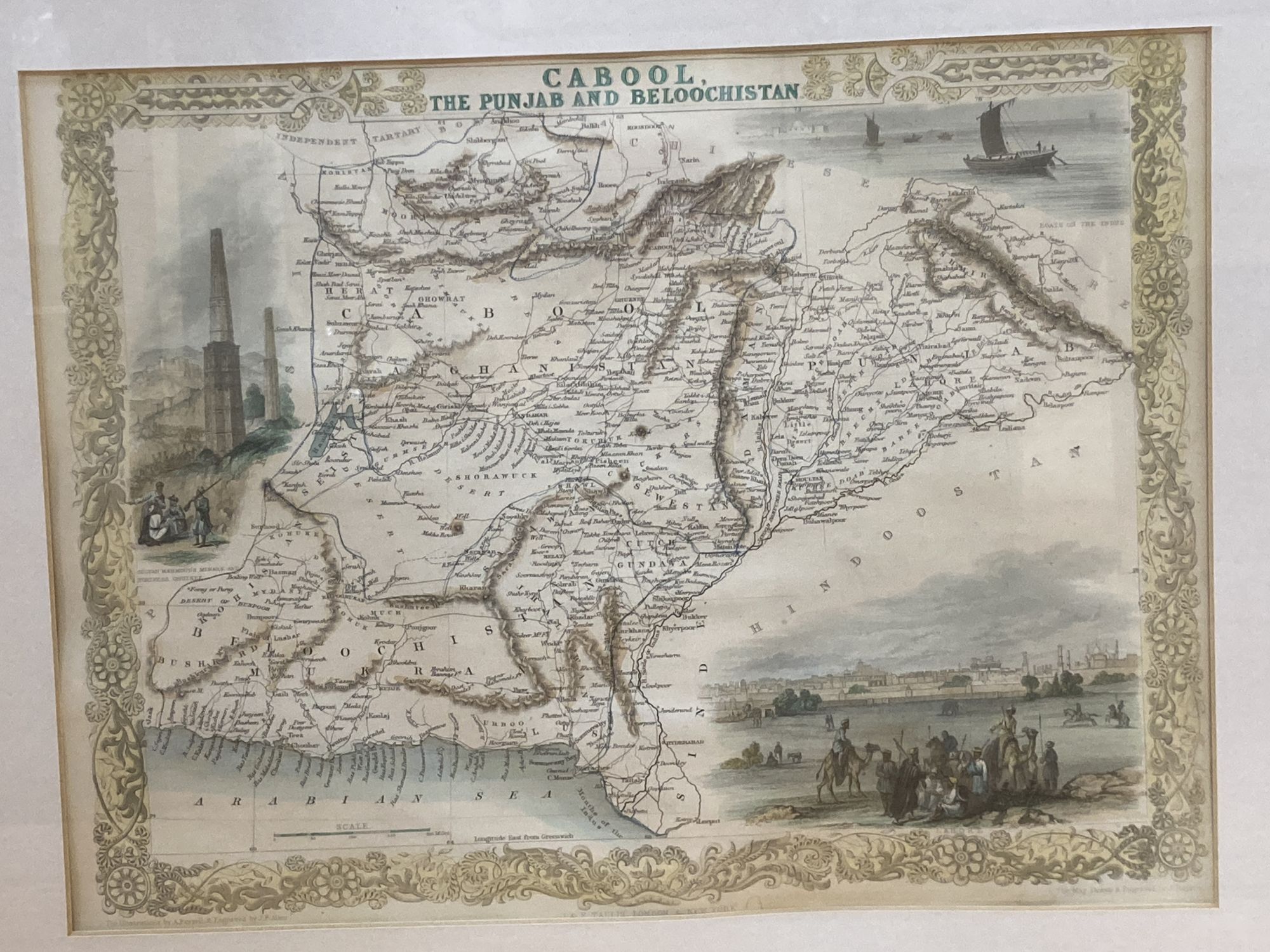 J & F Tallis, coloured engraving, Map of Cabool, The Punjab and Beloochistan and a hand coloured print of travellers in a North Indian